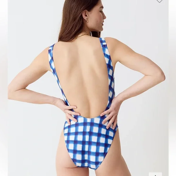 J. Crew Scoopneck one-piece swimsuit Blue gingham 10‎ Beach Pool Summer Ocean - Picture 9 of 9